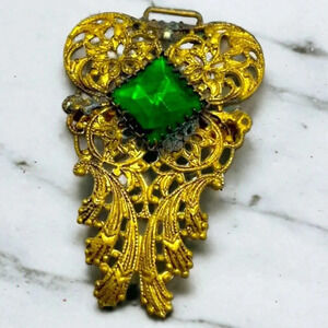 Victorian Gold Tone Green Rhinestone Filigree Buckle pendant